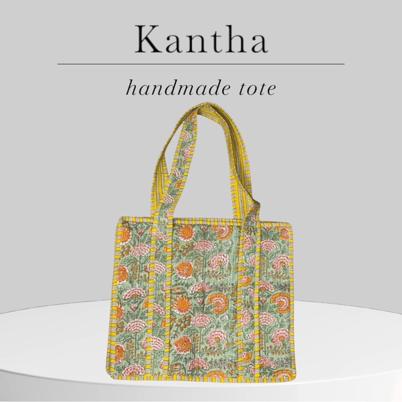 Handmade Kantha Quilted Zippered Tote Bag – Floral Block Print NWOT - Picture 1 of 3